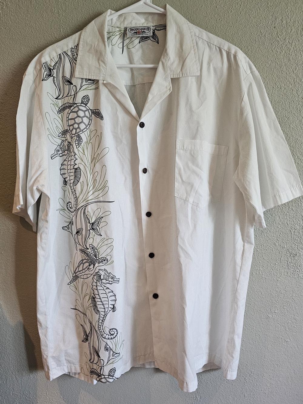 Men's Hawaiian Button Down PACIFIC LEGEND White W/Hidden Pattern Made In USA XL